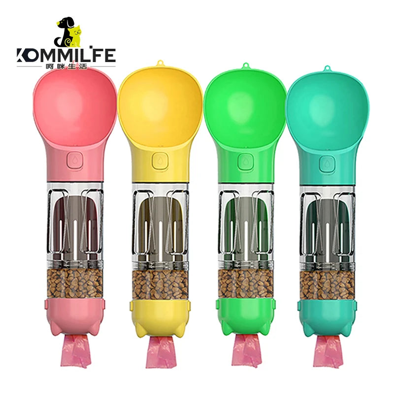 KOMMILIFE 3-in-1 Portable Water Bottle and Food Feeder for Cats and Dogs with Leak-Proof Poop Dispenser